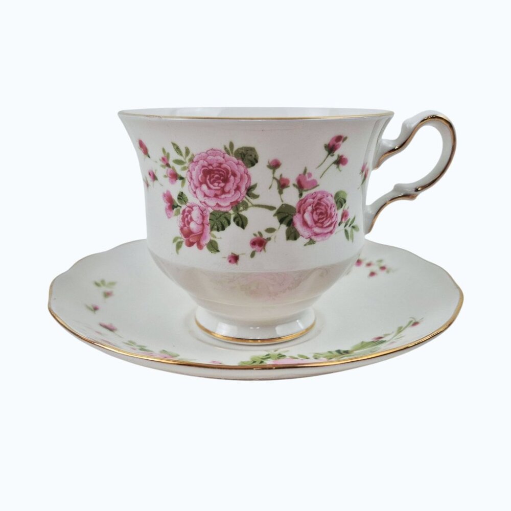 Avon Pink Roses Tea Cup Saucer Bone China England 1974 Gold Trim 6 oz Vintage